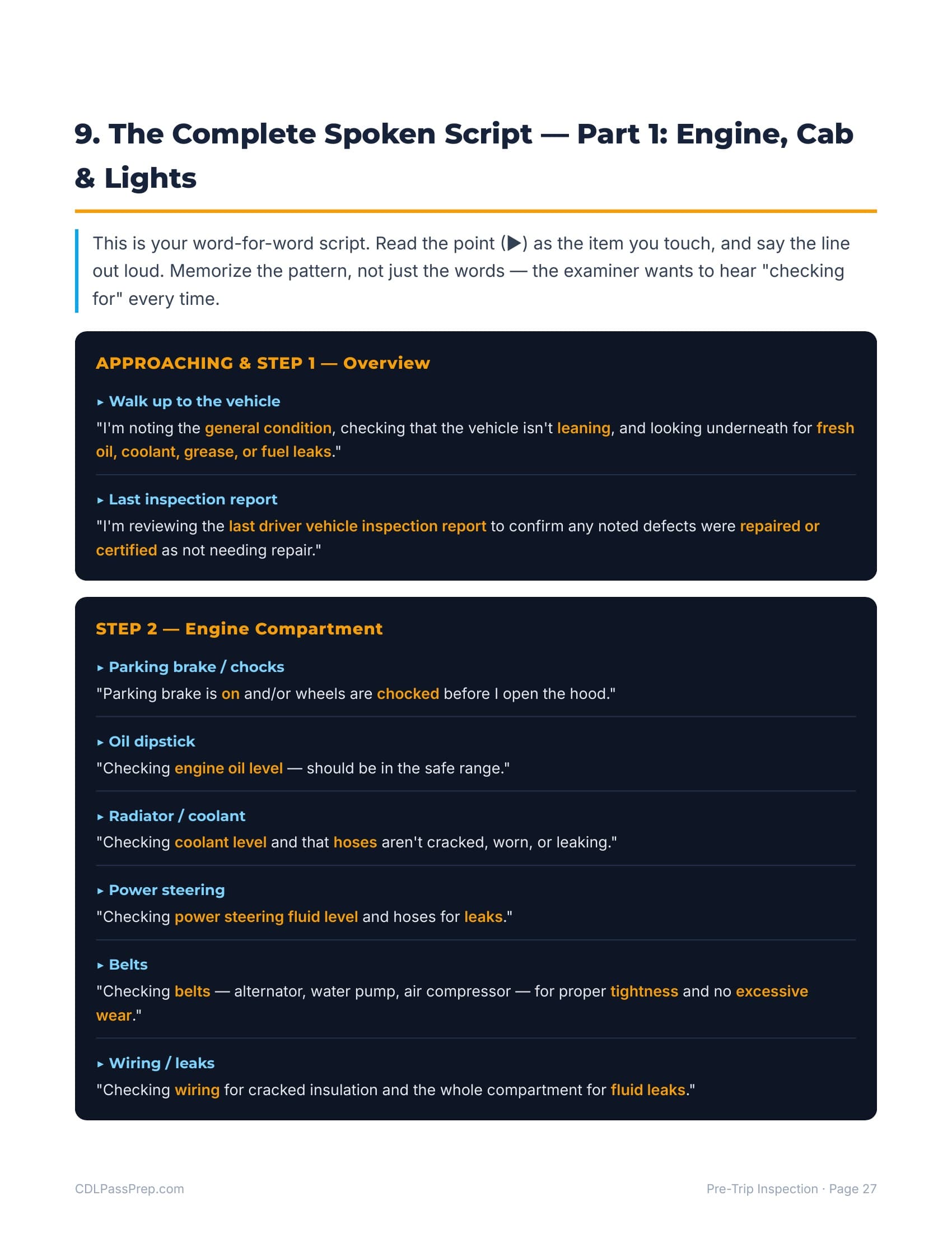 Pre-Trip Inspection guide page showing the word-for-word spoken script for the engine compartment check